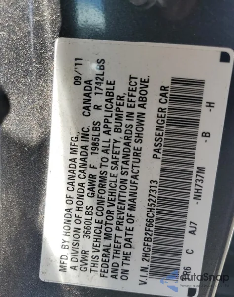 2012 Honda Civic Hf z USA, uszkodzony, nr VIN 2HGFB2F66CH527313